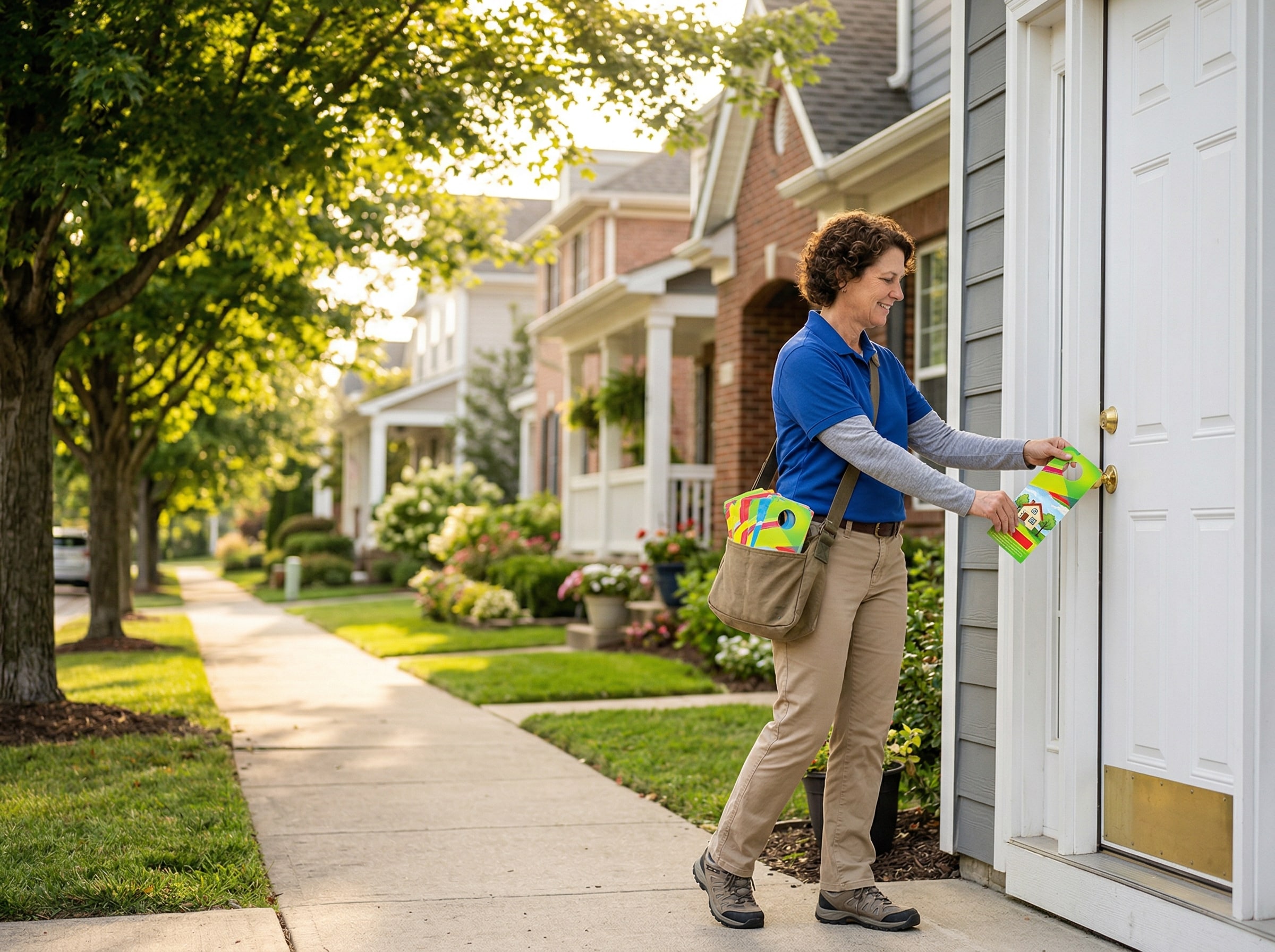 Professional flyer distribution service delivering marketing materials door-to-door in residential neighborhoods