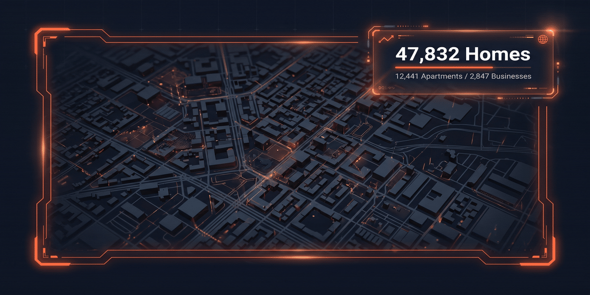 Campaign Planner data dashboard preview showing 47,832 homes, 12,441 apartments, and 2,847 businesses tabulated for a target area