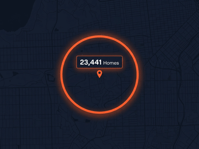 Radius map tool — orange circle radiating from center pin overlaid with 23,441 homes count