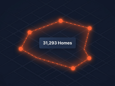 Custom polygon mapping tool — orange dotted line forming a hand-drawn shape with 31,293 homes count overlay