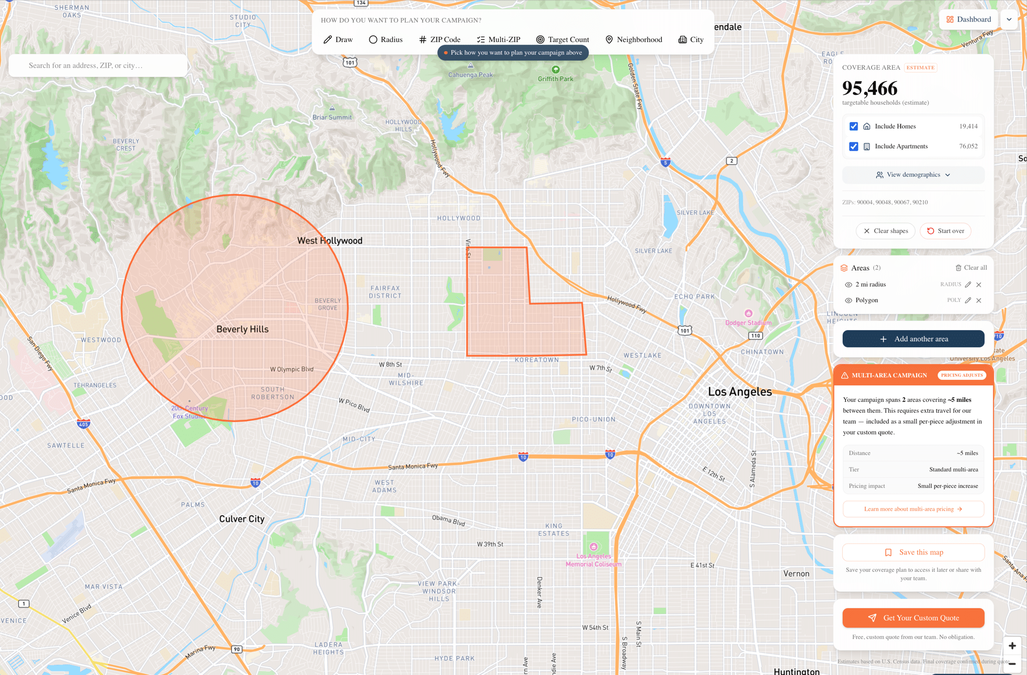 DTD Campaign Planner mapping software showing polygon drawing tool with 95,466 household count in Los Angeles, including 19,414 homes and 76,052 apartments, with auto-detected ZIPs 90004, 90048, 90067, 90210