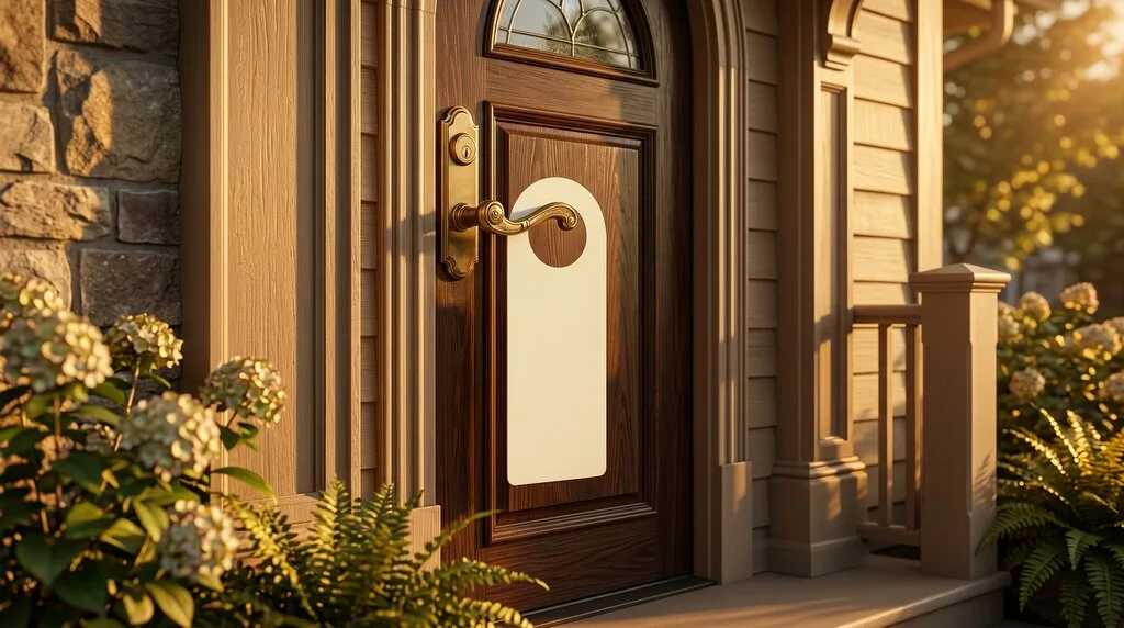 Door hanger placed on a residential front-door handle in golden-hour light