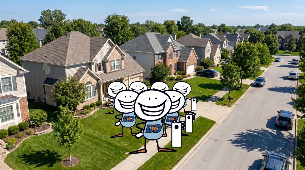 DtoD mascot crew on an American suburban street — the local distributor network at work