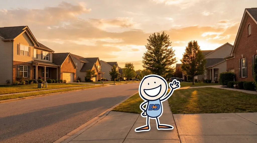 DtoD mascot waving on a sunset American suburban street — ready to talk about your next door hanger distribution campaign