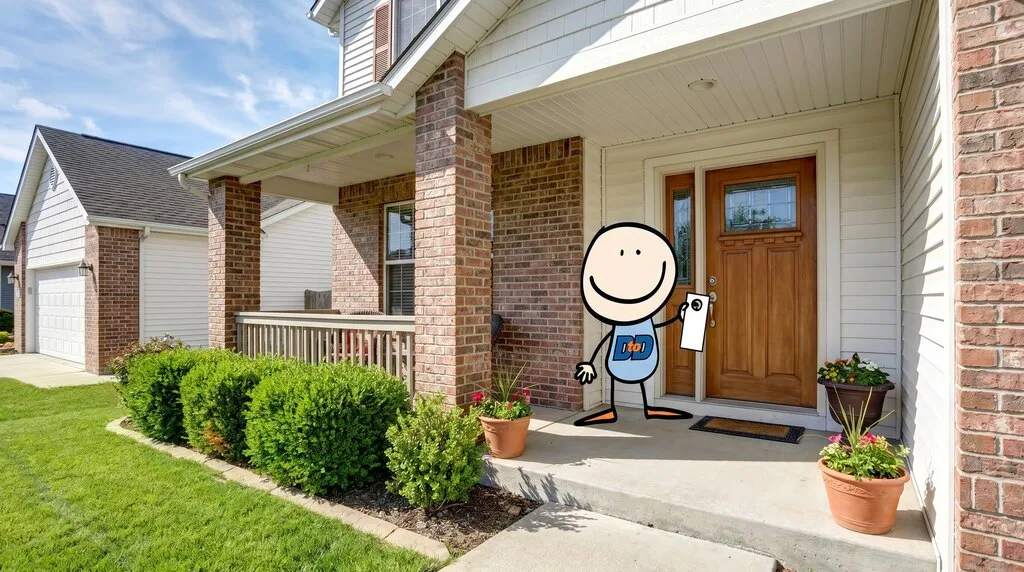 DtoD mascot mid-action hanging a door hanger on a residential front door — what door hanger distribution looks like