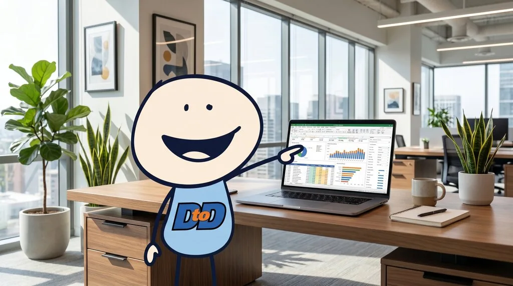 DtoD mascot at a desk pointing at door hanger campaign data on a laptop — three decades of direct-marketing research
