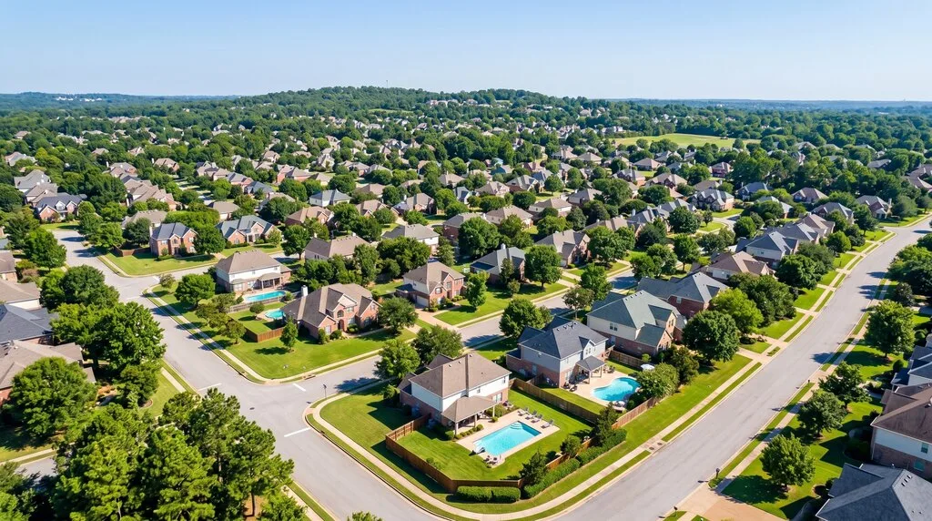 Aerial view of a quiet American suburban neighborhood — the kind of neighborhood DTD door hanger campaigns reach every day