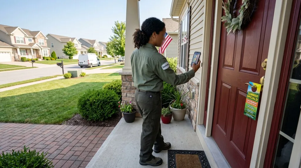 DTD distributor capturing a Proof of Delivery photo of a door hanger placed on a residential front door