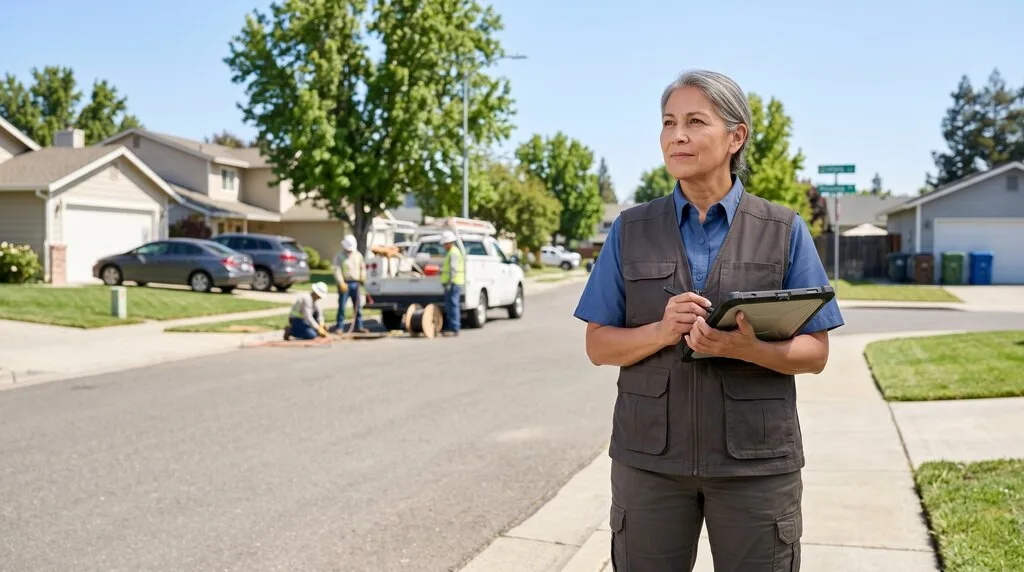 DTD field supervisor with tablet conducting placement-quality QC during a door hanger distribution campaign
