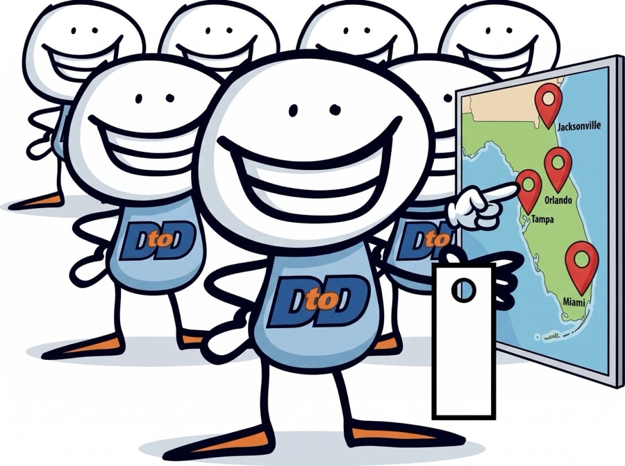 DTD mascots with a Florida map showing pins on Miami, Tampa, Orlando and Jacksonville
