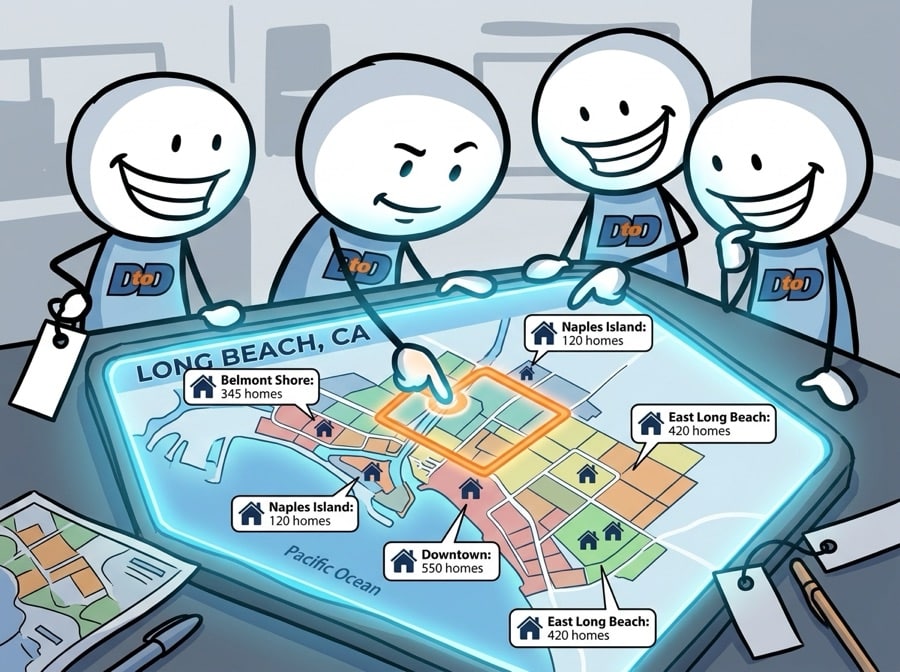 DTD mascots planning a Long Beach campaign on an interactive neighborhood map with home counts