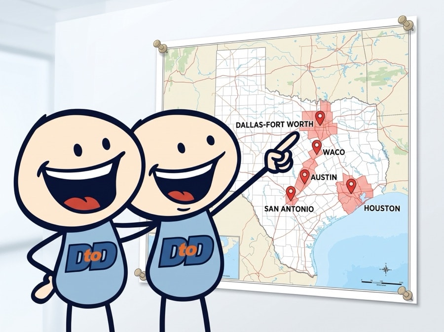 DTD mascots pointing at a Texas coverage map with Houston, DFW, Austin, San Antonio and Waco pinned