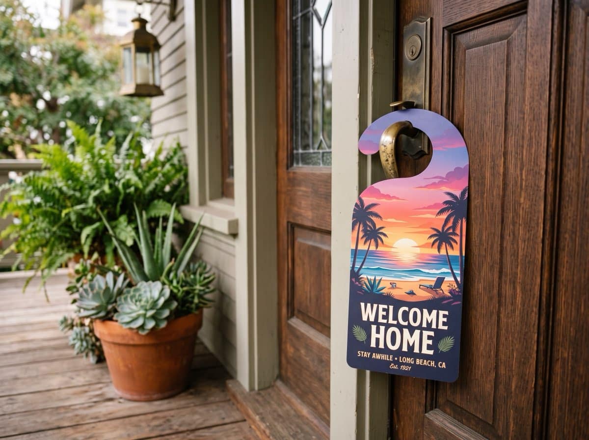 Door hanger on the front door of a Craftsman bungalow in Long Beach California