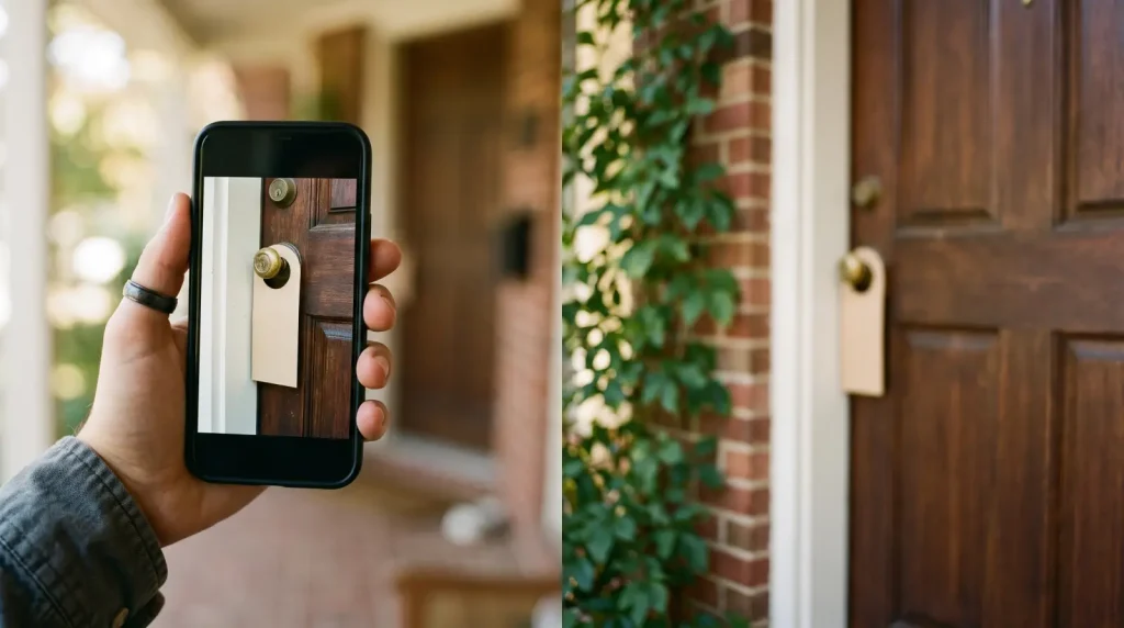 Proof of Delivery photo of a door hanger placed on a residential front door.