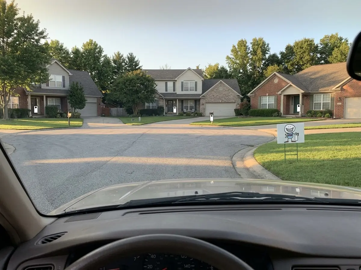 Spot-checking a completed door hanger route in a cul-de-sac.