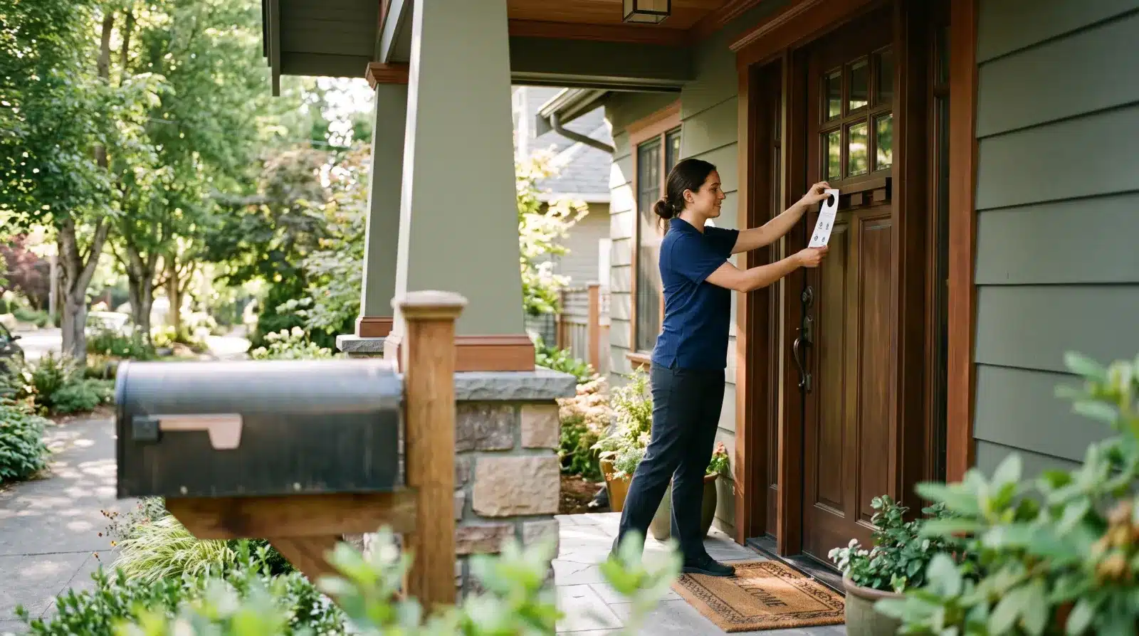 Professional distributor placing a door hanger on a residential front door; mailbox untouched.